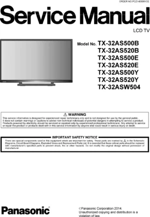 Panasonic tx 32as500 32as500b 32as500e 32as500y 32asw504 service manual cover with photo of the television, TV type, chassis code, model code, creation date and document number