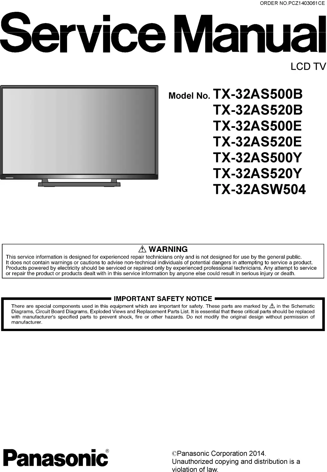 Panasonic tx 32as520 32as520b 32as500e 32as520y 32asw504 service manual cover with photo of the television, TV type, chassis code, model code, creation date and document number