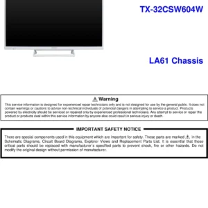 Panasonic tx 32csw604w service manual cover with photo of the television, TV type, chassis code, model code, creation date and document number