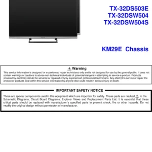 Panasonic tx 32dsw504 32dsw504s 32ds503e service manual cover with photo of the television, TV type, chassis code, model code, creation date and document number