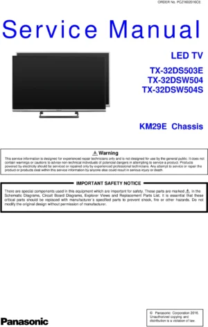Panasonic tx 32dsw504 32dsw504s 32ds503e service manual cover with photo of the television, TV type, chassis code, model code, creation date and document number