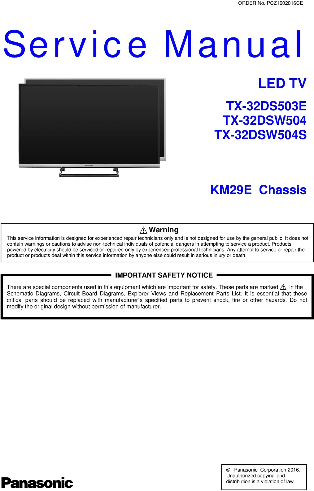 Panasonic tx 32dsw504 32dsw504s 32ds503e service manual cover with photo of the television, TV type, chassis code, model code, creation date and document number