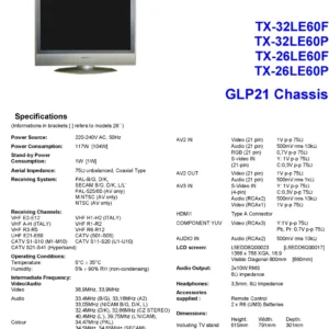 Panasonic tx 32le60 26le60 service manual cover with photo of the television, TV type, chassis code, model code, creation date and document number