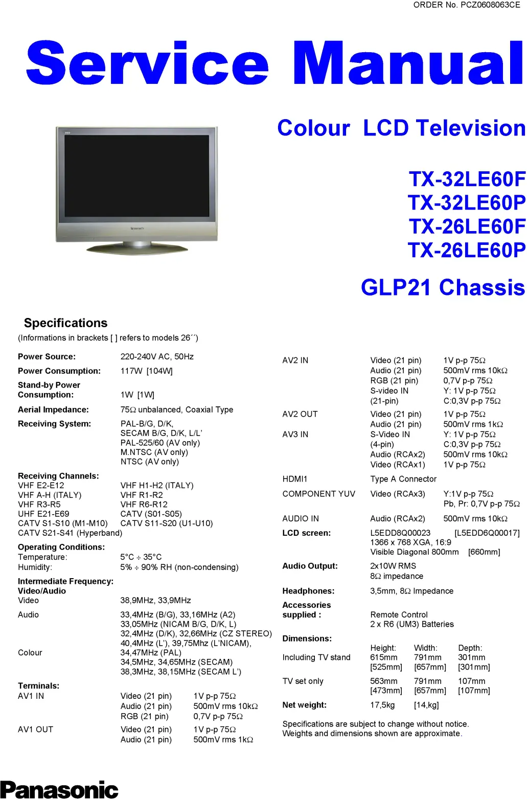 Panasonic tx 32le60 26le60 service manual cover with photo of the television, TV type, chassis code, model code, creation date and document number