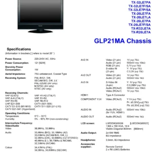 Panasonic tx 32le7 26le7 service manual cover with photo of the television, TV type, chassis code, model code, creation date and document number
