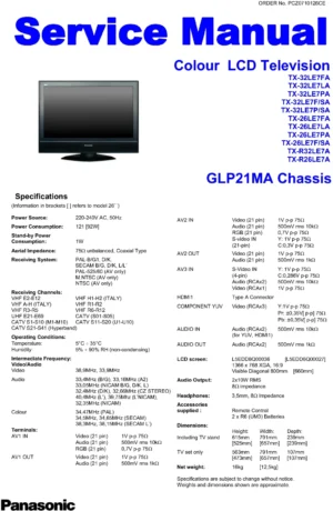 Panasonic tx 32le7 26le7 service manual cover with photo of the television, TV type, chassis code, model code, creation date and document number