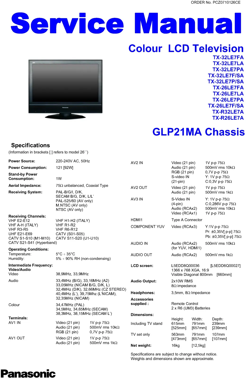 Panasonic tx 32le7 26le7 service manual cover with photo of the television, TV type, chassis code, model code, creation date and document number