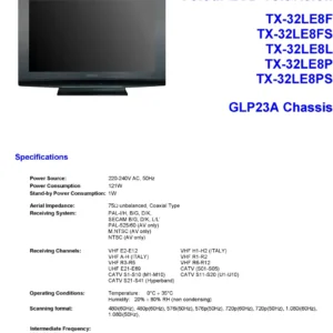 Panasonic tx 32le8 service manual cover with photo of the television, TV type, chassis code, model code, creation date and document number