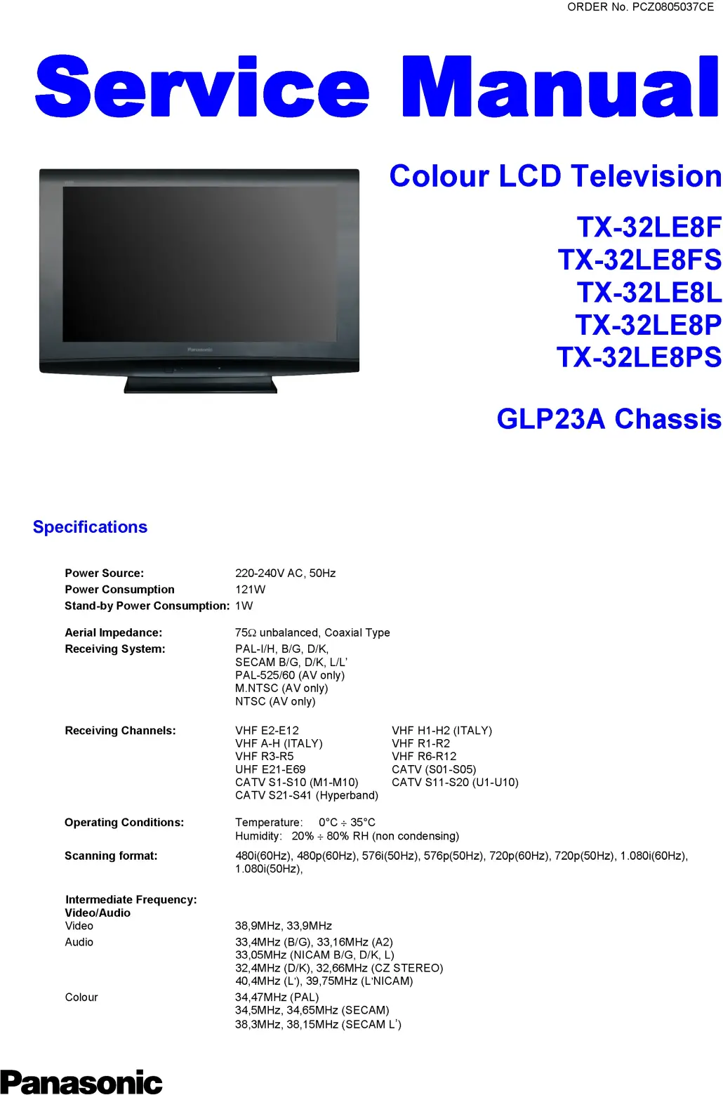 Panasonic tx 32le8 service manual cover with photo of the television, TV type, chassis code, model code, creation date and document number