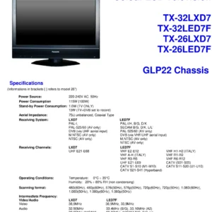 Panasonic tx 32led7f 26led7f service manual cover with photo of the television, TV type, chassis code, model code, creation date and document number