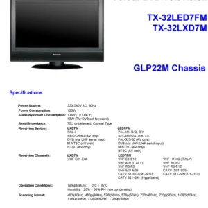 Panasonic tx 32led7fm 32lxd7m service manual cover with photo of the television, TV type, chassis code, model code, creation date and document number