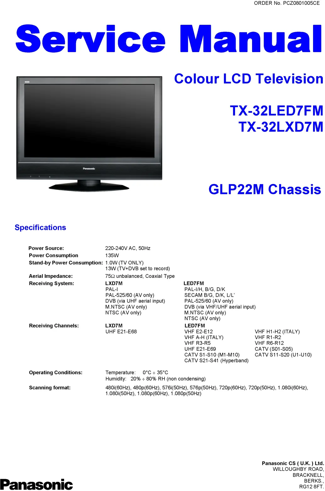 Panasonic tx 32led7fm 32lxd7m service manual cover with photo of the television, TV type, chassis code, model code, creation date and document number