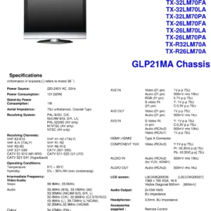 Panasonic tx 32lm70 26lm70 service manual cover with photo of the television, TV type, chassis code, model code, creation date and document number