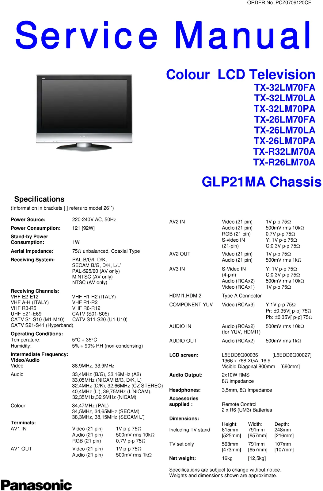 Panasonic tx 32lm70 26lm70 service manual cover with photo of the television, TV type, chassis code, model code, creation date and document number