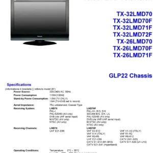 Panasonic tx 32lmd70 26lmd70 service manual cover with photo of the television, TV type, chassis code, model code, creation date and document number