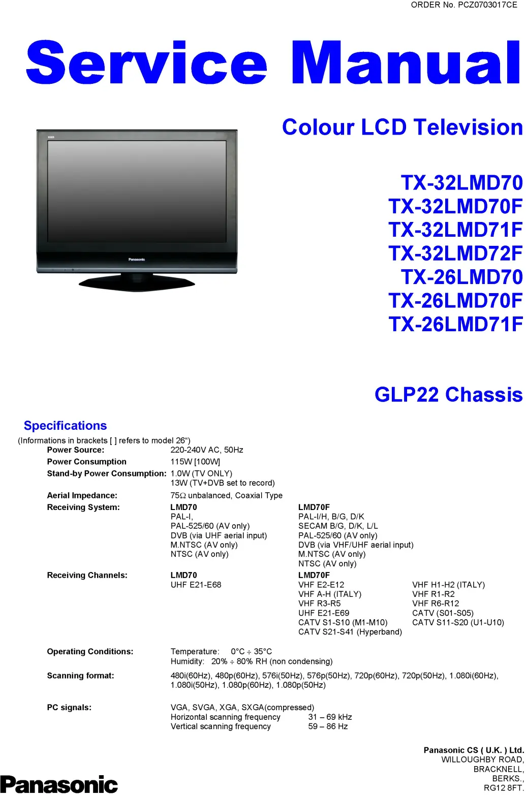 Panasonic tx 32lmd70 26lmd70 service manual cover with photo of the television, TV type, chassis code, model code, creation date and document number