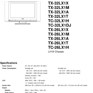 Panasonic tx 32lx1 26lx1 service manual cover with photo of the television, TV type, chassis code, model code, creation date and document number