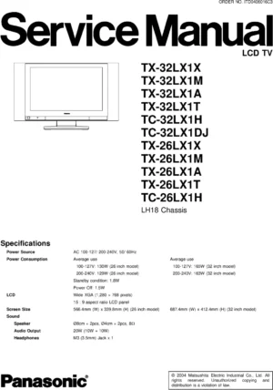 Panasonic tx 32lx1 26lx1 service manual cover with photo of the television, TV type, chassis code, model code, creation date and document number