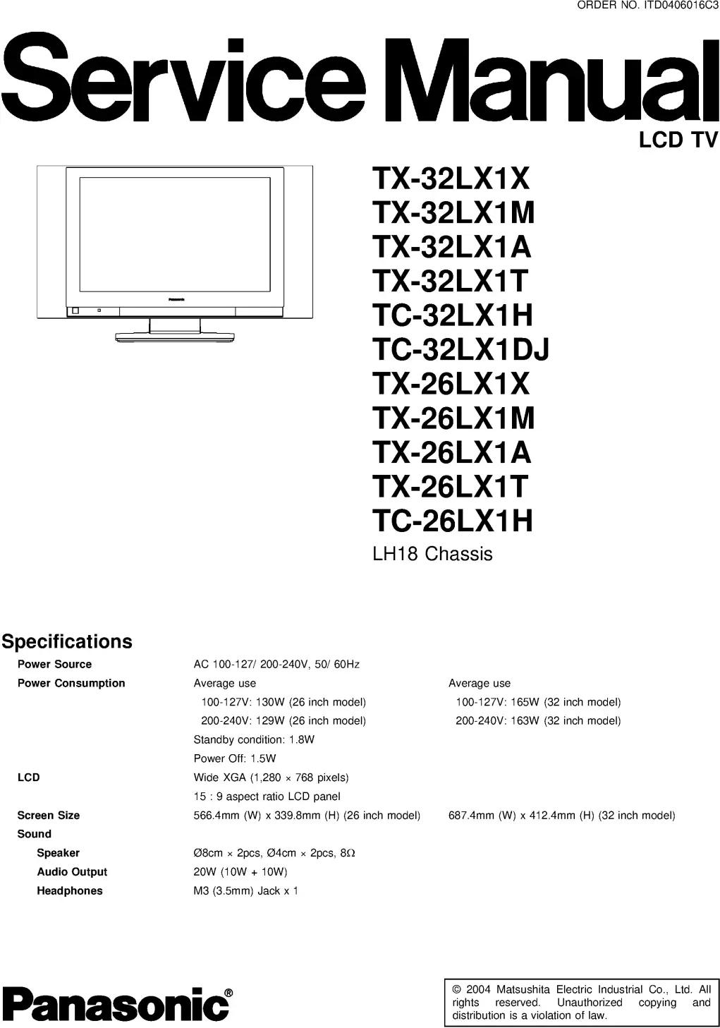 Panasonic tx 32lx1 26lx1 service manual cover with photo of the television, TV type, chassis code, model code, creation date and document number