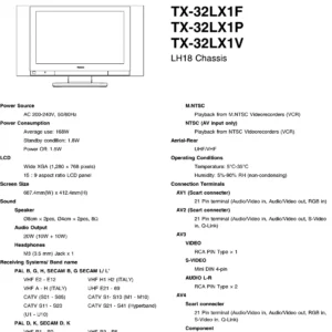Panasonic tx 32lx1f 32lx1p 32lx1v service manual cover with photo of the television, TV type, chassis code, model code, creation date and document number