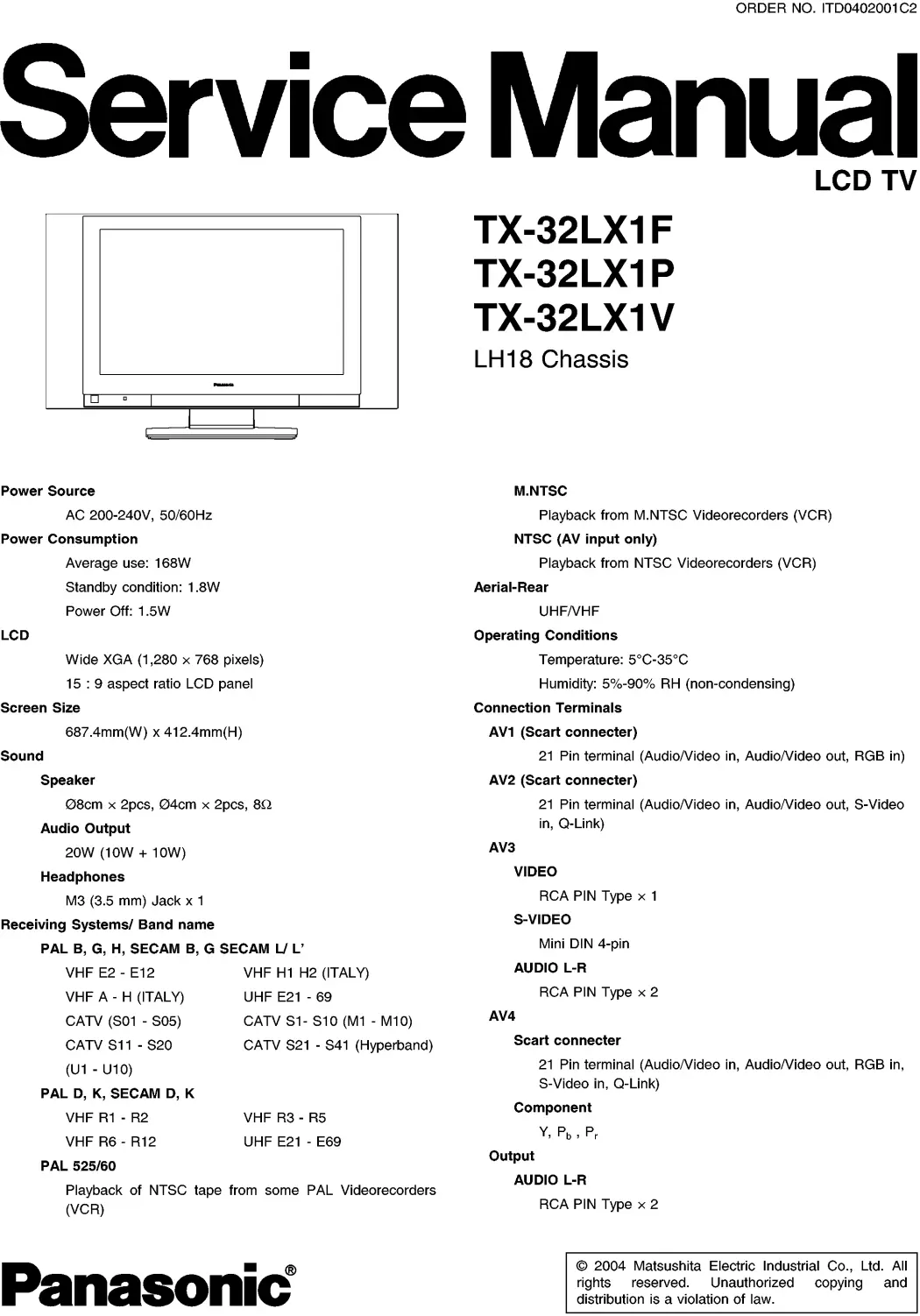 Panasonic tx 32lx1f 32lx1p 32lx1v service manual cover with photo of the television, TV type, chassis code, model code, creation date and document number