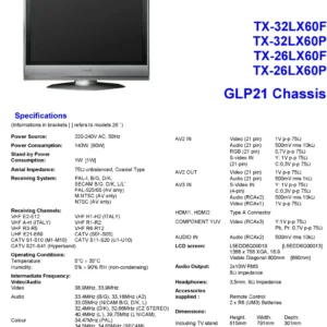 Panasonic tx 32lx60 26lx60 f p series service manual cover with photo of the television, TV type, chassis code, model code, creation date and document number