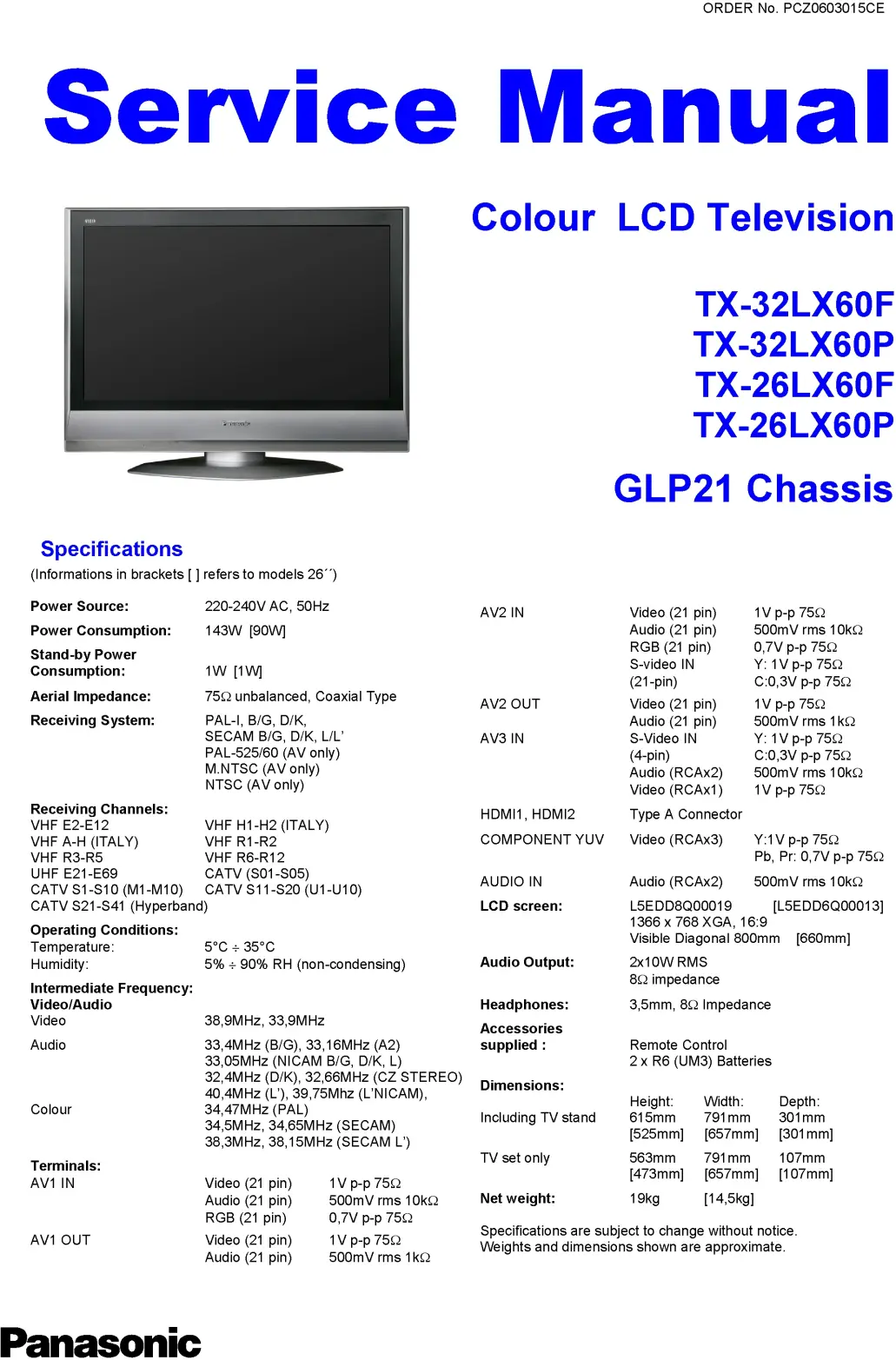 Panasonic tx 32lx60 26lx60 f p series service manual cover with photo of the television, TV type, chassis code, model code, creation date and document number