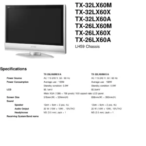 Panasonic tx 32lx60 26lx60 x a m series service manual cover with photo of the television, TV type, chassis code, model code, creation date and document number
