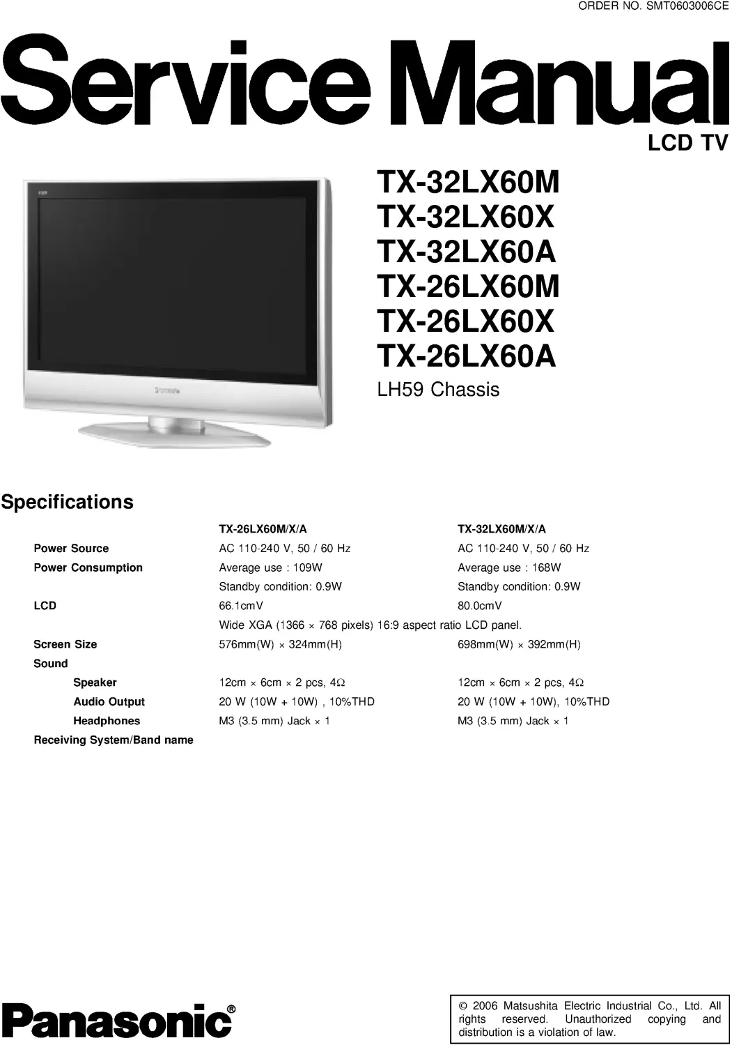 Panasonic tx 32lx60 26lx60 x a m series service manual cover with photo of the television, TV type, chassis code, model code, creation date and document number
