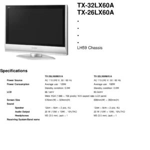 Panasonic tx 32lx60a 26lx60a service manual cover with photo of the television, TV type, chassis code, model code, creation date and document number
