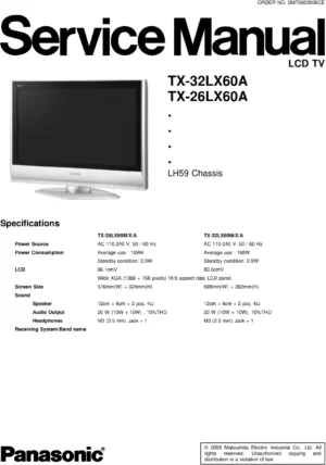 Panasonic tx 32lx60a 26lx60a service manual cover with photo of the television, TV type, chassis code, model code, creation date and document number