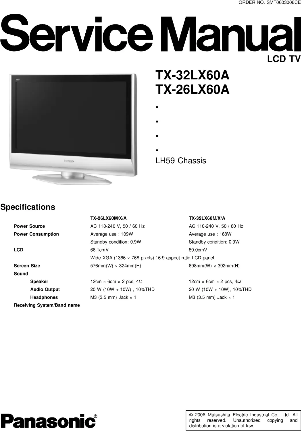 Panasonic tx 32lx60a 26lx60a service manual cover with photo of the television, TV type, chassis code, model code, creation date and document number