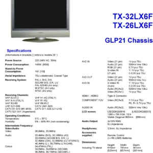 Panasonic tx 32lx6f 26lx6f service manual cover with photo of the television, TV type, chassis code, model code, creation date and document number