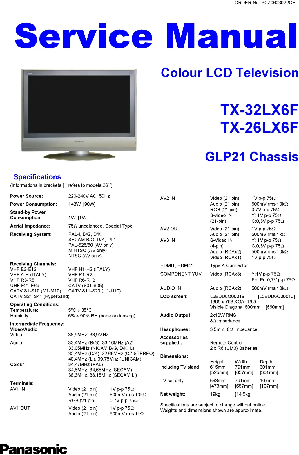 Panasonic tx 32lx6f 26lx6f service manual cover with photo of the television, TV type, chassis code, model code, creation date and document number