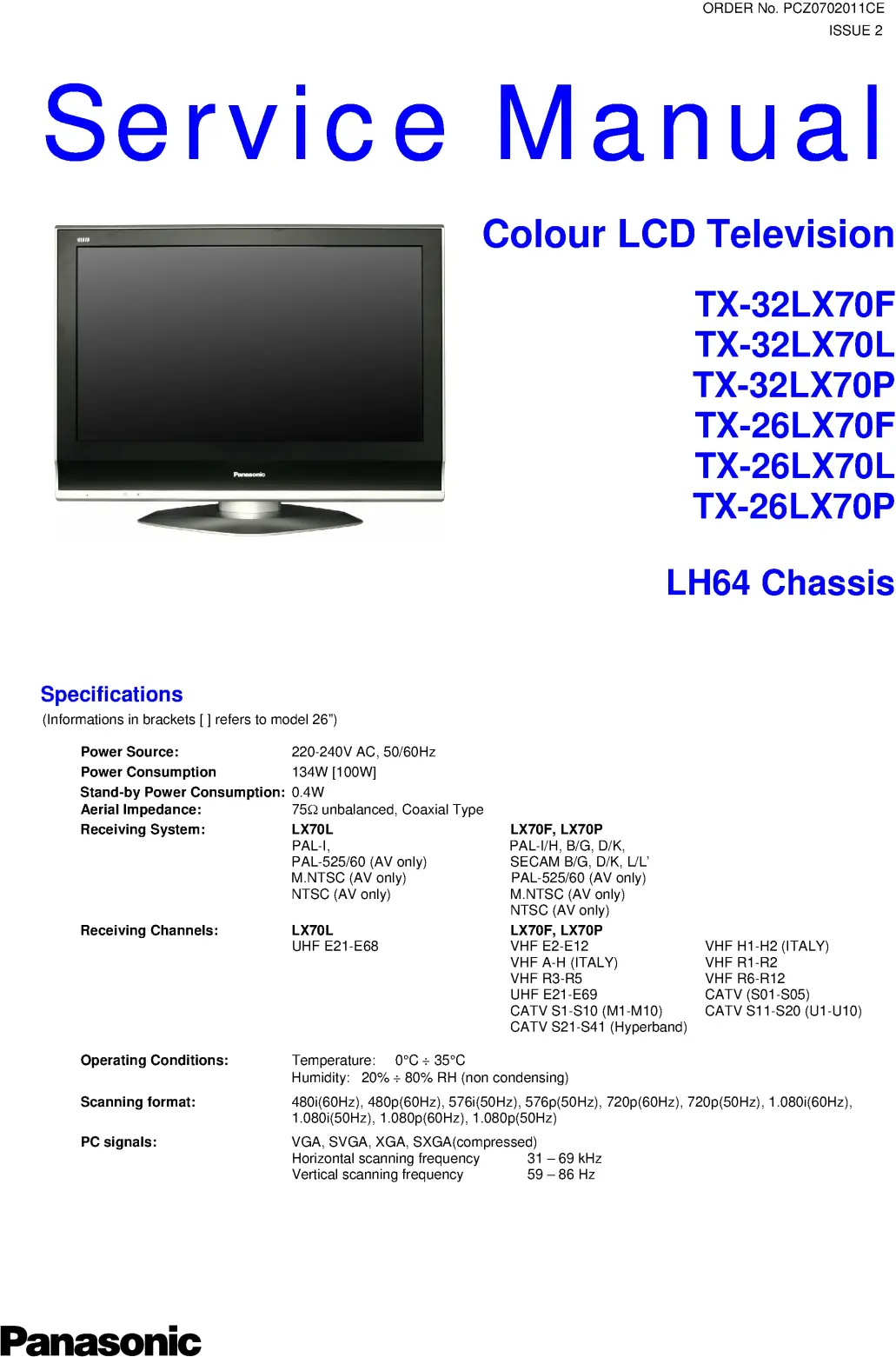 Panasonic tx 32lx70 tx 26lx70 service manual cover with photo of the television, TV type, chassis code, model code, creation date and document number