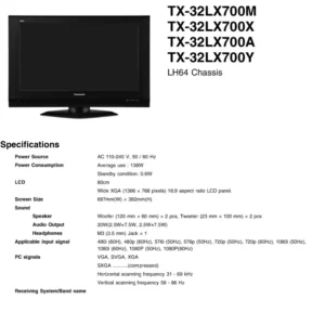 Panasonic tx 32lx700 service manual cover with photo of the television, TV type, chassis code, model code, creation date and document number