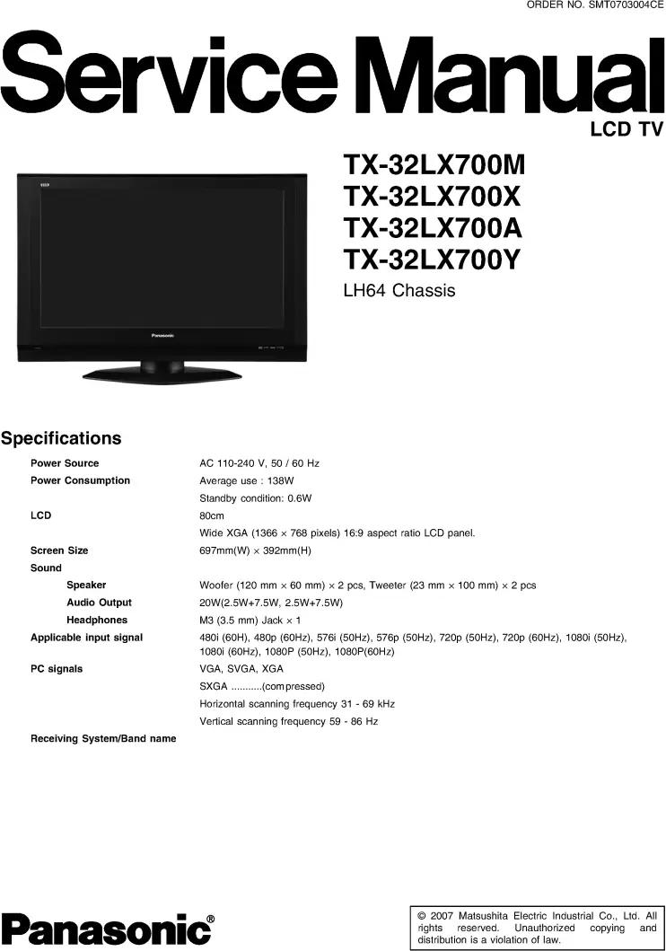 Panasonic tx 32lx700 service manual cover with photo of the television, TV type, chassis code, model code, creation date and document number
