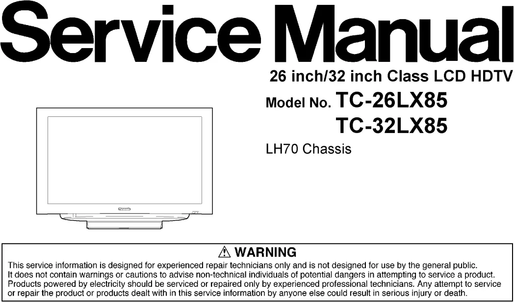 Panasonic tx 32lx85 26lx85 service manual cover with photo of the television, TV type, chassis code, model code, creation date and document number