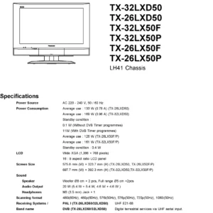 Panasonic tx 32lxd50 26lxd50 32lx50 26lx50 service manual cover with photo of the television, TV type, chassis code, model code, creation date and document number