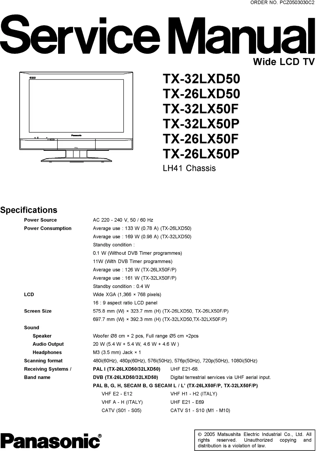 Panasonic tx 32lxd50 26lxd50 32lx50 26lx50 service manual cover with photo of the television, TV type, chassis code, model code, creation date and document number