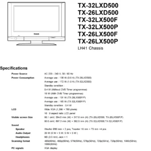Panasonic tx 32lxd500 26lxd500 service manual cover with photo of the television, TV type, chassis code, model code, creation date and document number