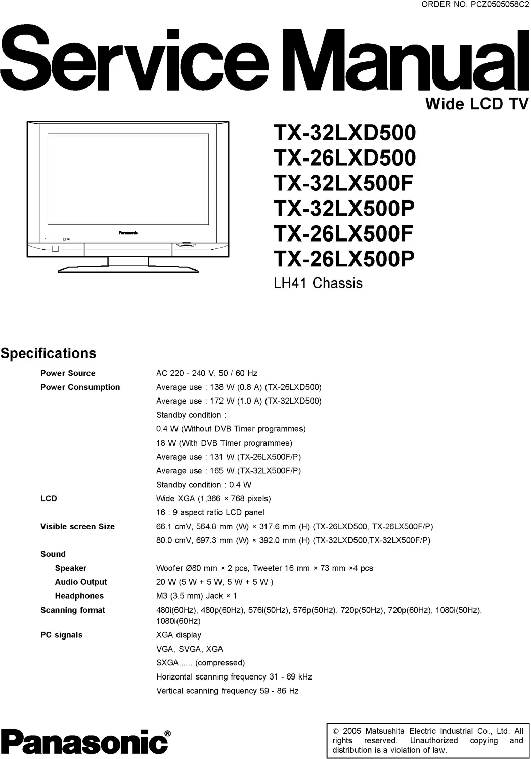 Panasonic tx 32lxd500 26lxd500 service manual cover with photo of the television, TV type, chassis code, model code, creation date and document number