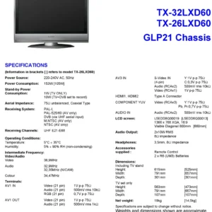 Panasonic tx 32lxd60 26lxd60 service manual cover with photo of the television, TV type, chassis code, model code, creation date and document number