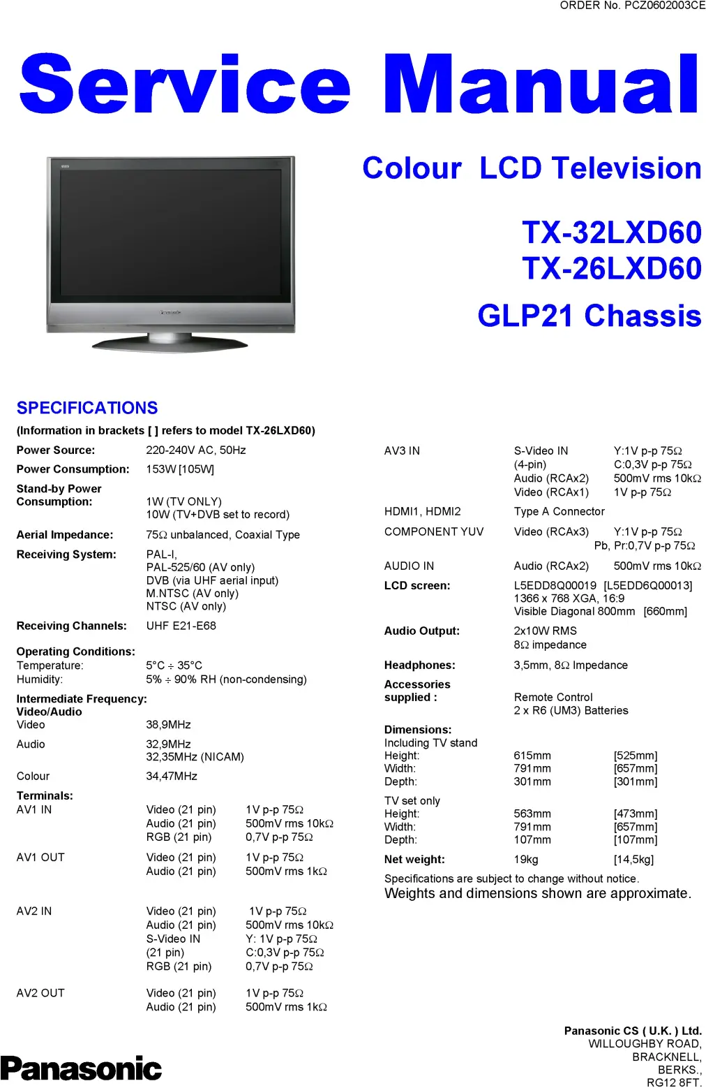 Panasonic tx 32lxd60 26lxd60 service manual cover with photo of the television, TV type, chassis code, model code, creation date and document number