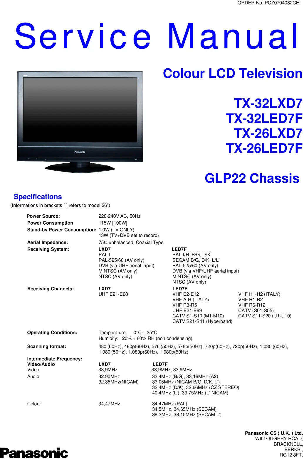 Panasonic tx 32lxd7 32led7f 26lxd7 26led7f service manual cover with photo of the television, TV type, chassis code, model code, creation date and document number