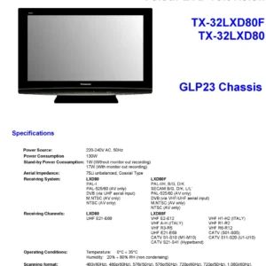 Panasonic tx 32lxd80 32lxd80f service manual cover with photo of the television, TV type, chassis code, model code, creation date and document number