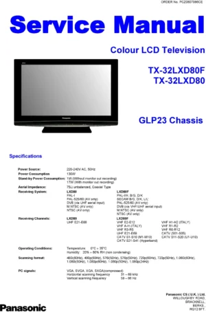 Panasonic tx 32lxd80 32lxd80f service manual cover with photo of the television, TV type, chassis code, model code, creation date and document number