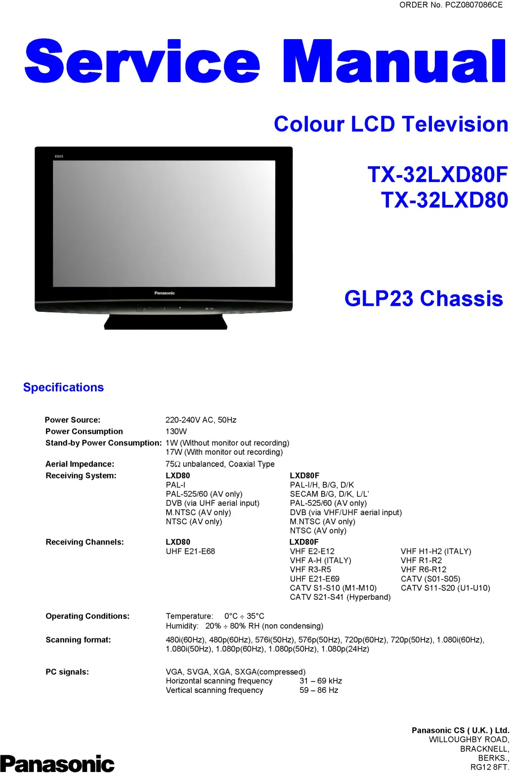 Panasonic tx 32lxd80 32lxd80f service manual cover with photo of the television, TV type, chassis code, model code, creation date and document number