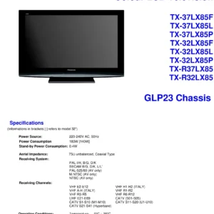 Panasonic tx 37lx85 32lx85 r37lx85 r32lx85 service manual cover with photo of the television, TV type, chassis code, model code, creation date and document number
