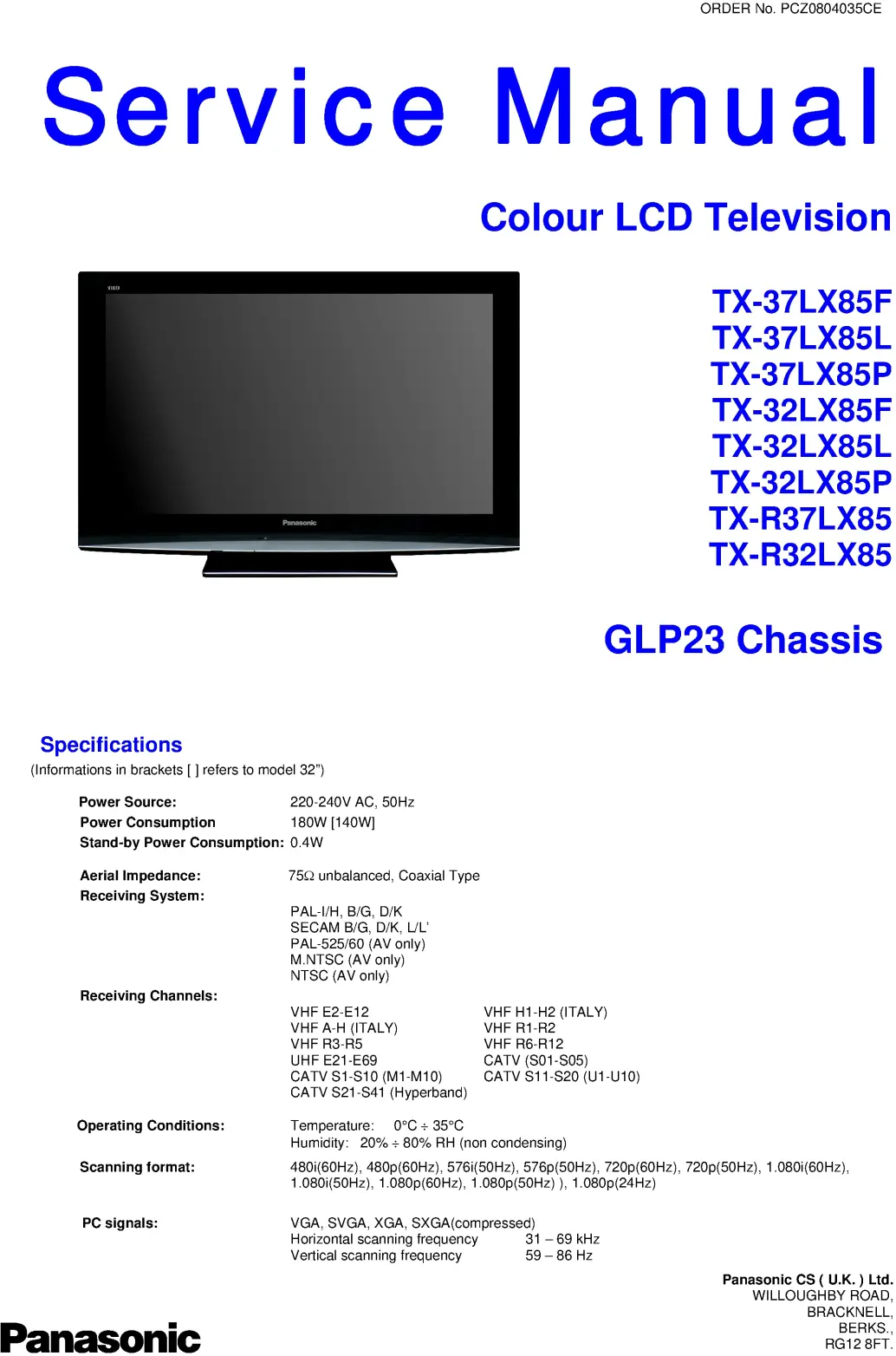 Panasonic tx 37lx85 32lx85 r37lx85 r32lx85 service manual cover with photo of the television, TV type, chassis code, model code, creation date and document number